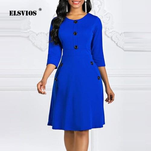 O-Neck 3/4 Sleeved Fashion Button Waist A-Line Dress Autumn Winter Lady Elegant Solid Vestidos Women Casual Slim Party Mid Dress