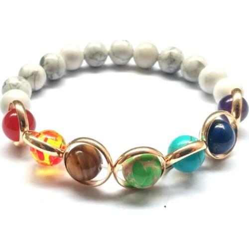 Popular Light Yellow Gold Color White Howlite Stone Round Beads Stretchy Bracelet Healing ReiKi Chakra Jewelry