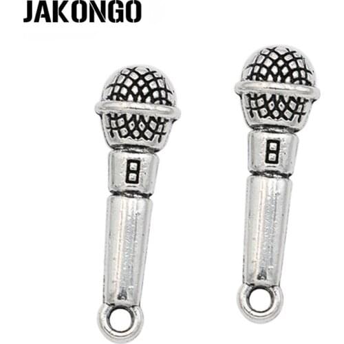 10Pcs Antique Silver Plated Music Microphone Charms Pendants for Jewelry Making Bracelet DIY Handmade 25x8mm