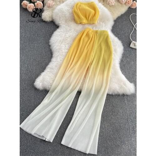 SINGREINY Women Summer Fashion Korean Set Sexy Off Shoulder Strapless Short Tops+High Waist Gradient Long Pants Two Piece Suits