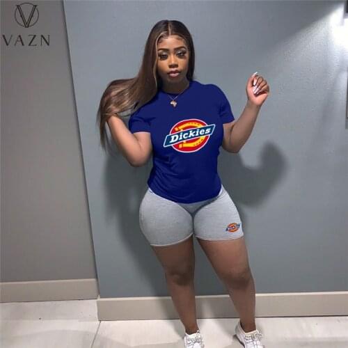 VAZN 2021 Summer Regular Tracksuits Daily Casual Young Letter Short Sleeve Knee Length Slim Women 2 Piece Set Women Wear