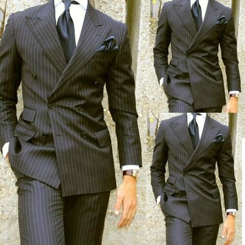Navy Pinstripe Wedding Blazer With Pants Tuxedo Peaked Lapel Groom Wear Formal Business Groomsman Double Breasted Men Suits 2021