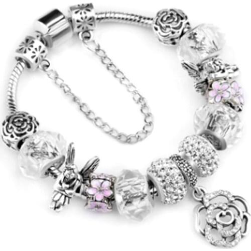 Spring Fairytale Crystal Flower Bracelet Fashion DIY Silver Plated Snake Bone Chain Brand Bangles Gifts Direct Delivery