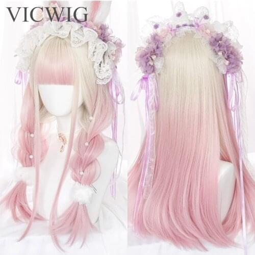 VICWIG Womens Long Curly Synthetic Hair Lolita Style Beige Gradient Pink Cosplay Wig with Bangs