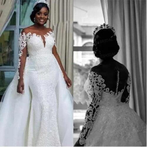 South African Wedding Dresses Detachable Overskirt Sheer Neck Off Shoulder Long Sleeves Vestidos Mermaid Bridal Gowns