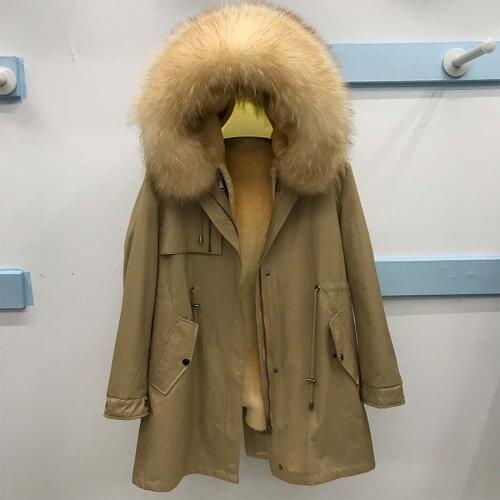 Natural Rabbit Fur Women Long Parkas Real raccon Fur collar hood Winter Jacket rex rabbit fur lining Thick Warm Streetwear