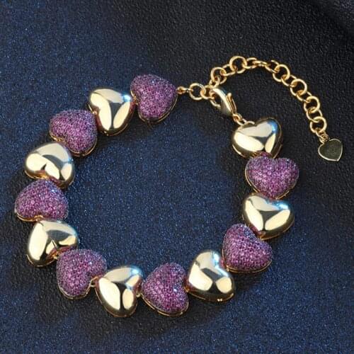 Zlxgirl jewelry high quality red blue cubic zircon copper love heart bracelet for women bridal jewelry Dubai Gold color bangles