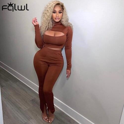 FQLWL Streetwear 2 Two Piece Sets Women Outfits 2021 Hollow Out Long Sleeve Crop Top Skinny Pants Suits Bodycon Matching Sets