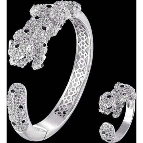 Zlxgirl brand copper full micro pave setting zircon leopard animal bangle with ring jewelry set classic men bracelet accessory