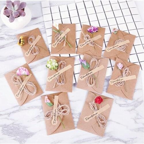 10pcs Handmade Dry Flower DIY Kraft Paper Invitation Greeting Card Inner Paper With Ribbon & Envelope & Seals Wedding favors