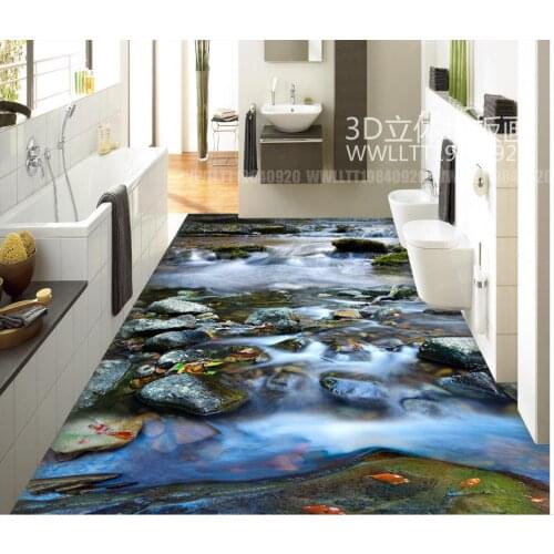 3d flooring River stone stream waterfall 3D floor bathroom waterproof wallpaper 3d floor painting wallpaper