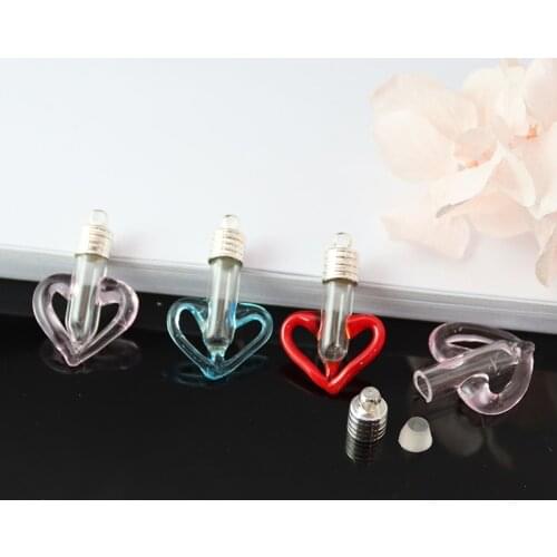5PCS Heart hollow glass Vial Pendant with metal cap rubber plug glass bottle necklace pendant name or rice art