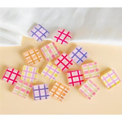 Newest 50pcs/lot 16mm color lattice pattern print geometry square shape acrylic bead without holes diy jewelry earring accessory