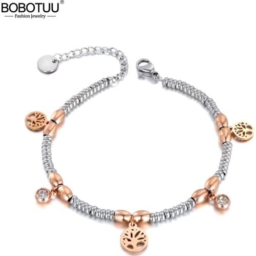 BOBOTUU Trendy Stainless Steel CZ Crystal & Tree Charm Bracelets For Women Girls Rose Gold Chain & Link Bracelet Jewelry BB19107