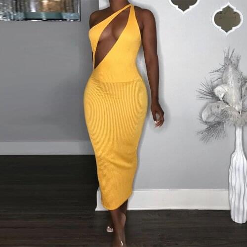 Elastic Hight One Shoulder Long Party Dress Women Sexy Hollow Front Sleeveless Package Hip Dress Chic Elegant Backless Vestidos