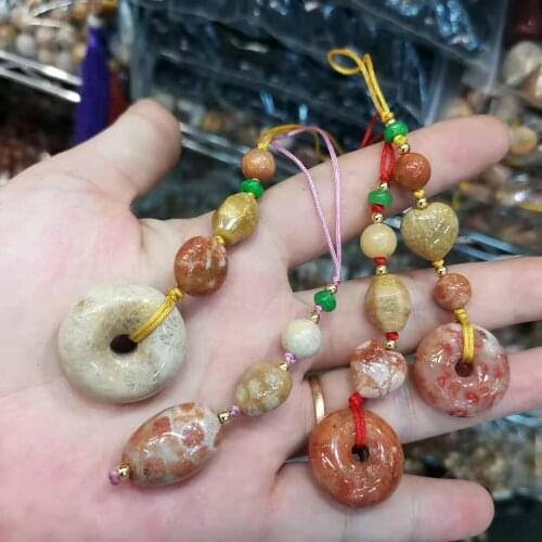 Natural coral jade chrysanthemum stone with green jade pendant mobile phone chain unique organic gemstone composition