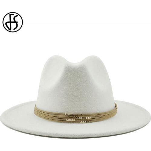 FS Winter Wool Jazz Fedora Hats Men Women With Leather Suede Belt Felt Hat White Yellow Wide Brim Panama Trilby Formal Party Cap