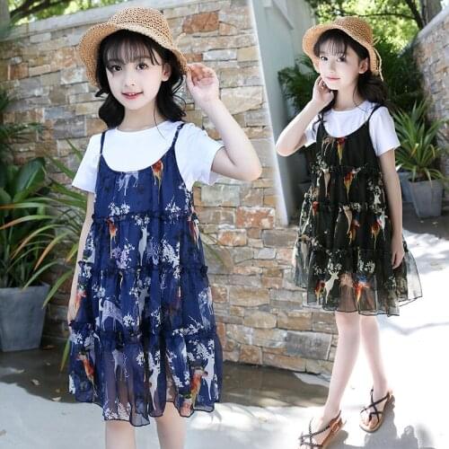Girls 2019 New Summer O-Neck Short Sleeve Tops T-shirt + Sling Chiffon Princess Dress Childrens Clothing Two Piece Set