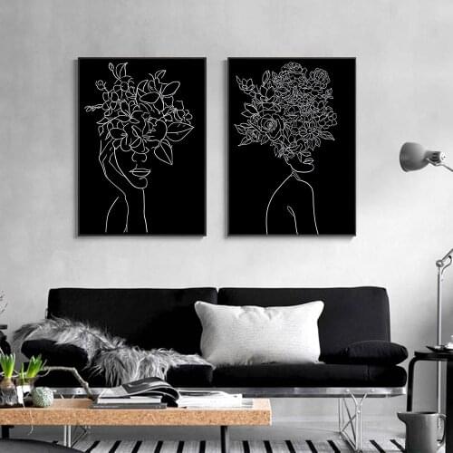 Sexy Lady Body Line Art Posters Head of Flowers Black and White Canvas Painting Poster Prints Wall Pictures Living Room Decor