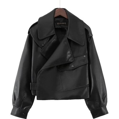 Oversized Short Womens Pu Leather Jackets Loose Turn Down Collar Ladies Faux Leather Coat with Pockets Solid Female Streetwear