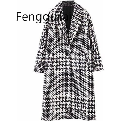 Autumn Winter Women Plaid Oversized Tweed Jacket Checkered Pockets Long Sleeve Warm Coat Female Outwear Houndstooth Woolen Coat