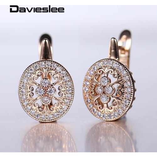 Fashion Accessories 585 Rose Gold Stud Earrings Round Paved Clear Cubic Zircon Drop Wedding Earrings for Women Girls DGE290