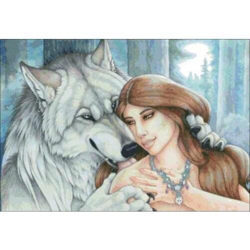 Moons Gifl, Woman and Wolf Sewing Kit Top Quality Embroidery Needlework 14CT Unprinted Art Cross Stitch Kits DIY Handmade Decor