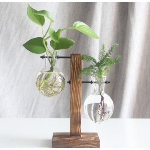 Hydroponic Desktop Plant Vase Vintage Glass Bonsai Flower Pot Tabletop Decoration Vase with Wooden L / T Shape Tray Home Decor
