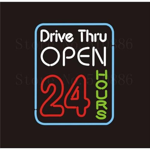 NEON Sign Board 24 Hours Open Drive Thru GLASS Tube Bar Club PUB Signboard Display Store Shop Restaurant Light Custom 17*14"