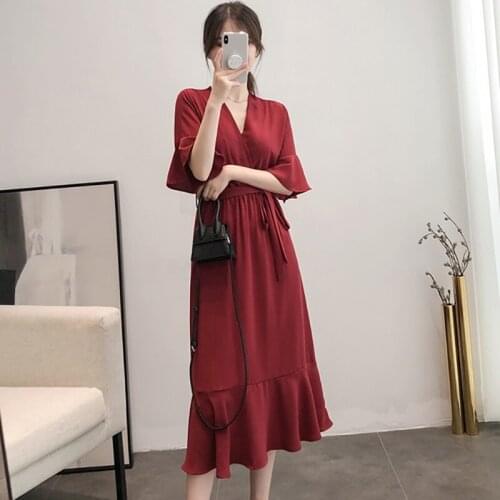 Women Fashion Lace Up Sexy V-neck Dress Half Sleeve Ladies Mid-Calf Dress High Waist Basic Summer Party Dress