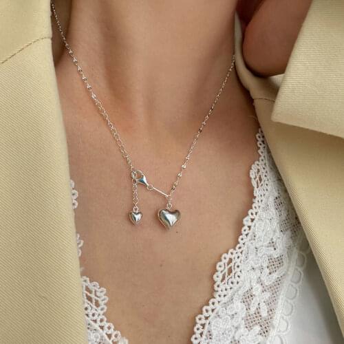 Real. 925 Sterling silver Chain clavicle necklace Double Heart Pendant Jewelry CXN609Y