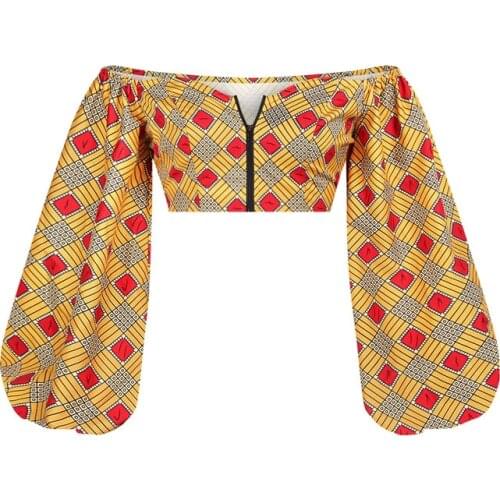 Sexy V Neck Off Shoulder Lantern Sleeve Crop Top Women African Dashiki Plaid Print Blouse Casual Party African Dresses for Women
