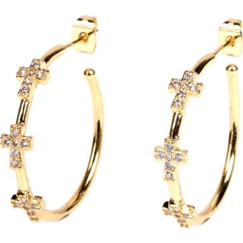EYIKA Fashion Three Big Cross Hoop Earrings for Women Round Gold Plated Zirconia Piercing Circle Earring CZ Copper Jewelry Gifts