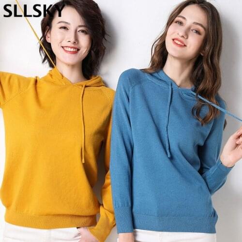 SLLSKY 2020 Autumn Winter New Sweater Women Solid Knitted Women Hooded Casual Sweater And Pullover Female Coat Girls Sweaters