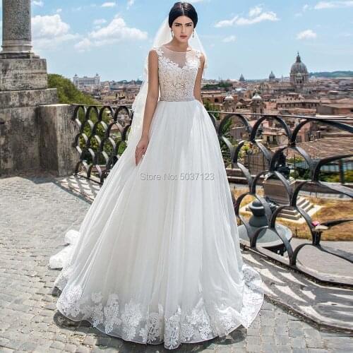 2021 Vestido De Noiva A Line Wedding Dresses O Neck Lace Appliques Beading Belt Sheer Back Bridal Wedding Gowns Court Train