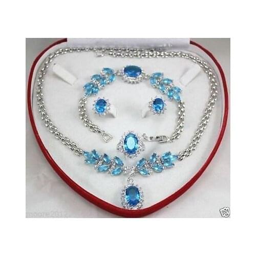 Light blue zircon Silver chain Necklace Bracelet Earring Ring watch wholesale Quartz jade CZ crystal set