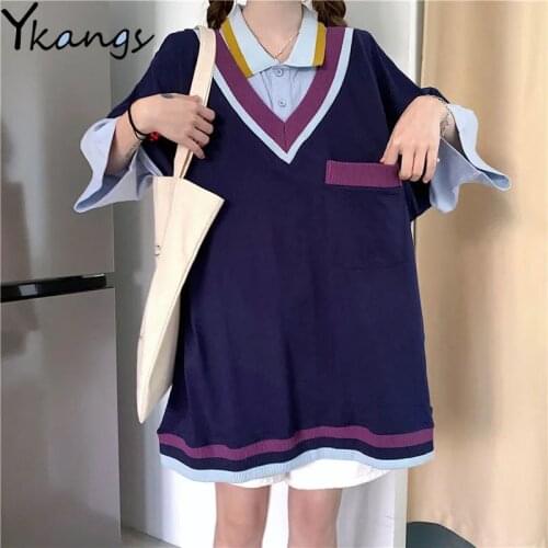 Korean Sweater Turn-Down Collar Pullover Women Fake 2 Pcs Harajuku Fashion Half Sleeve Tops Casual Loose Casual Sweaters Female