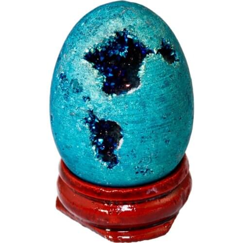 TUMBEELLUWA Light Blue Titanium Coated Druzy Geode Sphere,Crystal Quartz Agate Egg 40x30mm,Sculpture Figurine with Wood Stand
