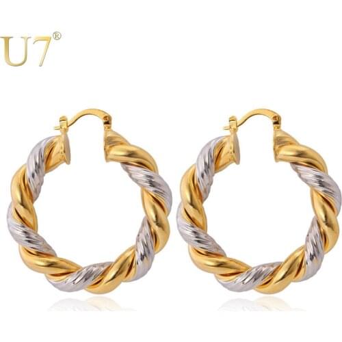 U7 Unique Mix Color Hoop Earrings Gold Color Copper Fashion Jewelry Wholesale Twisted Round Huggie Earrings For Women E363