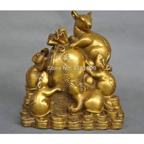 Xd 00506 5'' China Zodiac Five Rat Mouse Money Coin Bag Bronze Statue