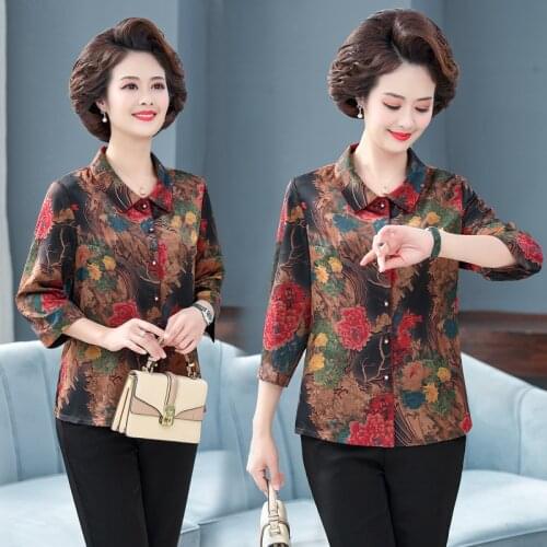 Aged and Middle old mothers half sleeve shirt female 2021 new grandma long sleeve shirt Floral Chiffon shirt 60 years old