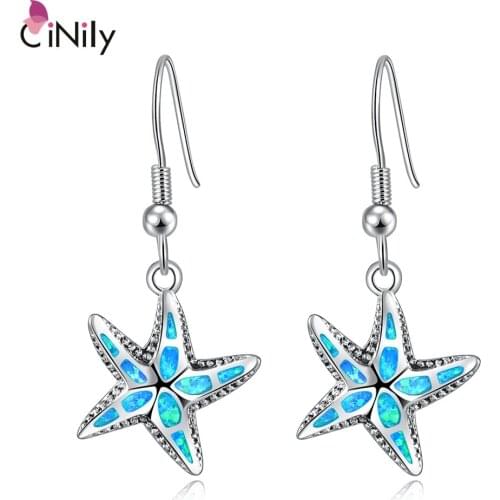 CiNily Created Blue Fire Opal Silver Plated Earrings Wholesale Retail for Women Jewelry Dangle Earrings 1 3/8" OH2845