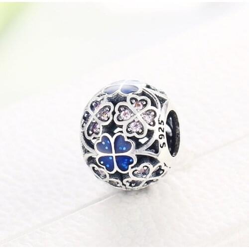 925 Sterling Silver Blue Enamel Clover Flower Zirconia Bead Fit Original Brand Charm Bracelet For Making Women Berloque 2020 New