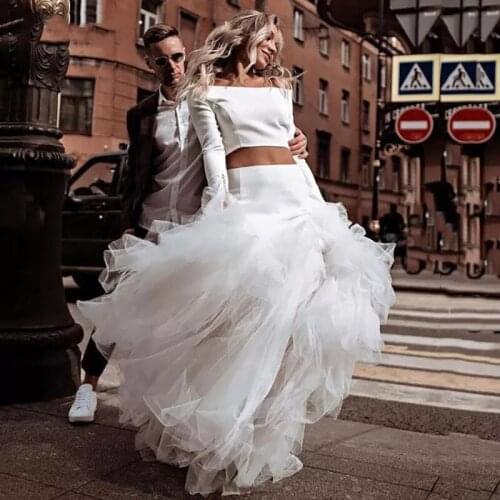 2 Pieces Mermaid Wedding Dresses Sexy Puffy Boat Neck Long Sleeves Plain Pleats Bridal Gowns Boho Satin Vestido De Novia 2021