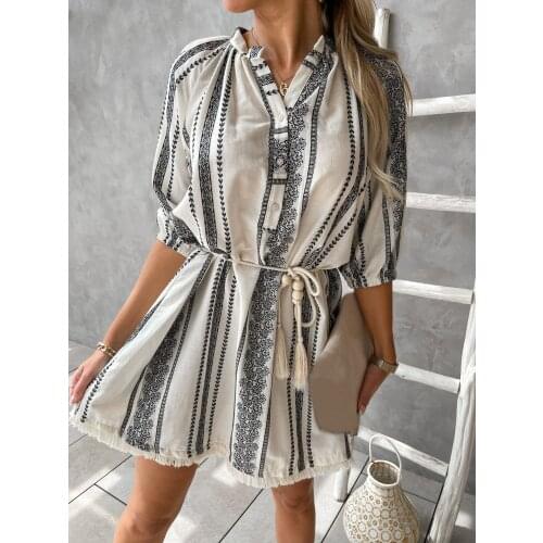 Women Summer Bohemian Dress Adults Button Down Striped V-neck Half Sleeve Mini Dress with Tassel Drawstring Female Sundress