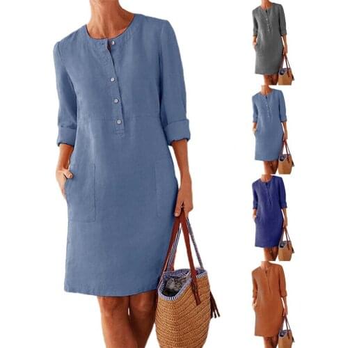 2021 Women Dress Solid Color Pockets Summer Round Neck Long Sleeve Buttons Dress Beach Cover Up With Pockets for Dating Wear