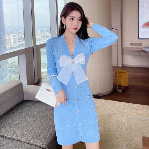 Vintage Elegant V-neck Beading Single-breasted Sexy Sweater Vestidos New 2021 Autumn Big Bow A-Line Knit Dress
