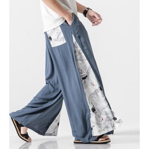 2020 Summer Chinese Style Cotton Pants Mens Patchwork Vintage Loose Pants Male Wide Leg Pants