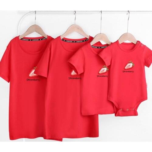 27kids Mother Daughter Romper Clothes Matching Family Cotton T-shirt Tops Parent-child Outfits Strawberry Pattern