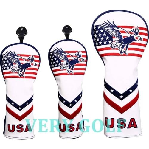 3pcs Golf Club Driver Fairway Wood Head Cover PU Leather with USA Stars & Strips and Eagle Embroidery Headcover for Driver FW